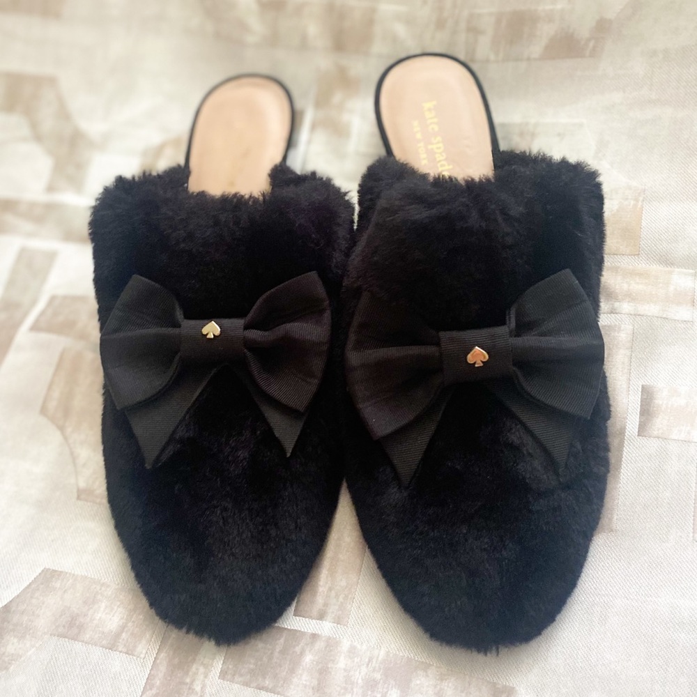 Kate Spade Black Furry Slippers with Bow 7.5